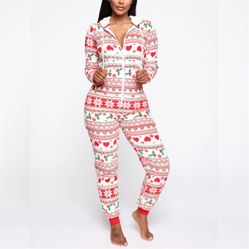 Women Christmas Pajamas Suit Printed Sleepwear Xmas Hooded Nightwear Pyjamas One Piece Female Winter Warm Homewear: White / S