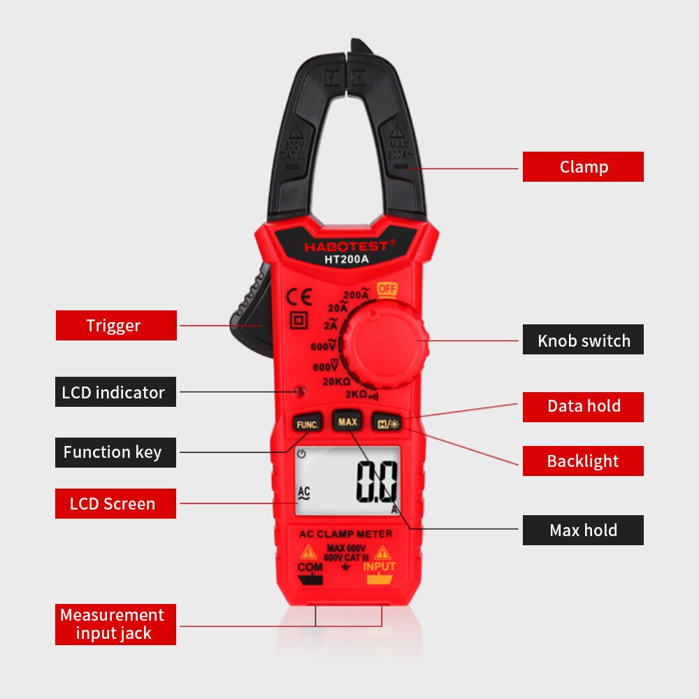 HABOTEST HT200A Mini AC Digital Clamp Meter True RMS Auto Ranging Digital Multimeter AC/DC Voltage Resistance Continuity Tests