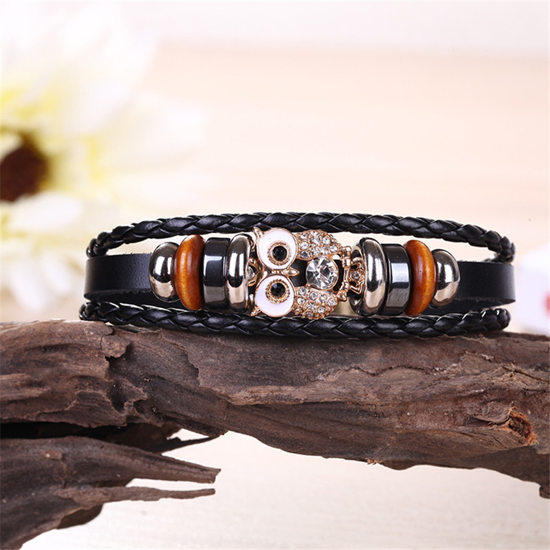Zoshi pulseira de couro pu com design original, pulseira de coruja de strass com contas, moda feminina, pulseira casual para homens