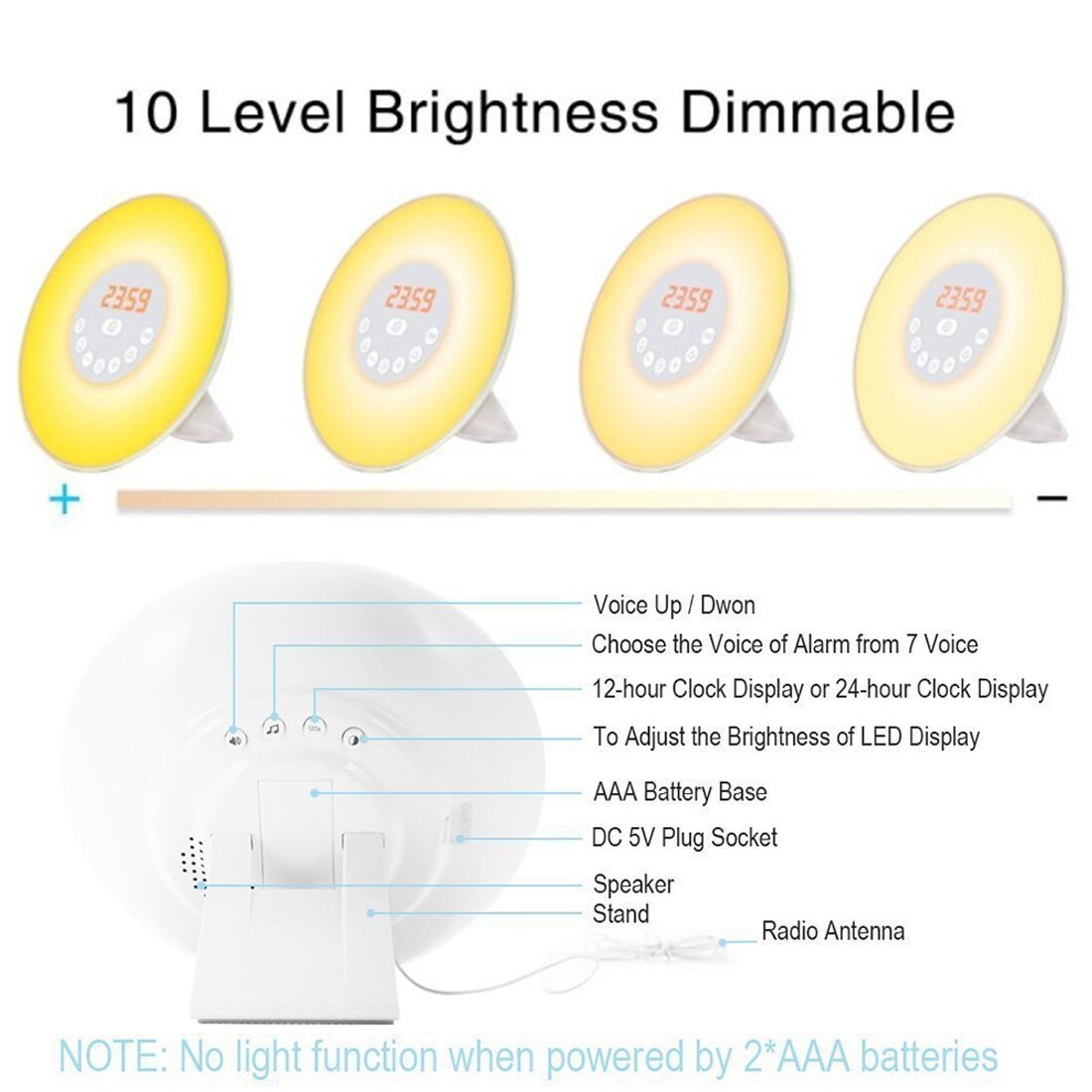 Digital Wecker Wake Up Licht Tisch LED Lampe Elektronische Uhr Sunrise Sunset Alarm Snooze Uhren FM Radio Schreibtisch