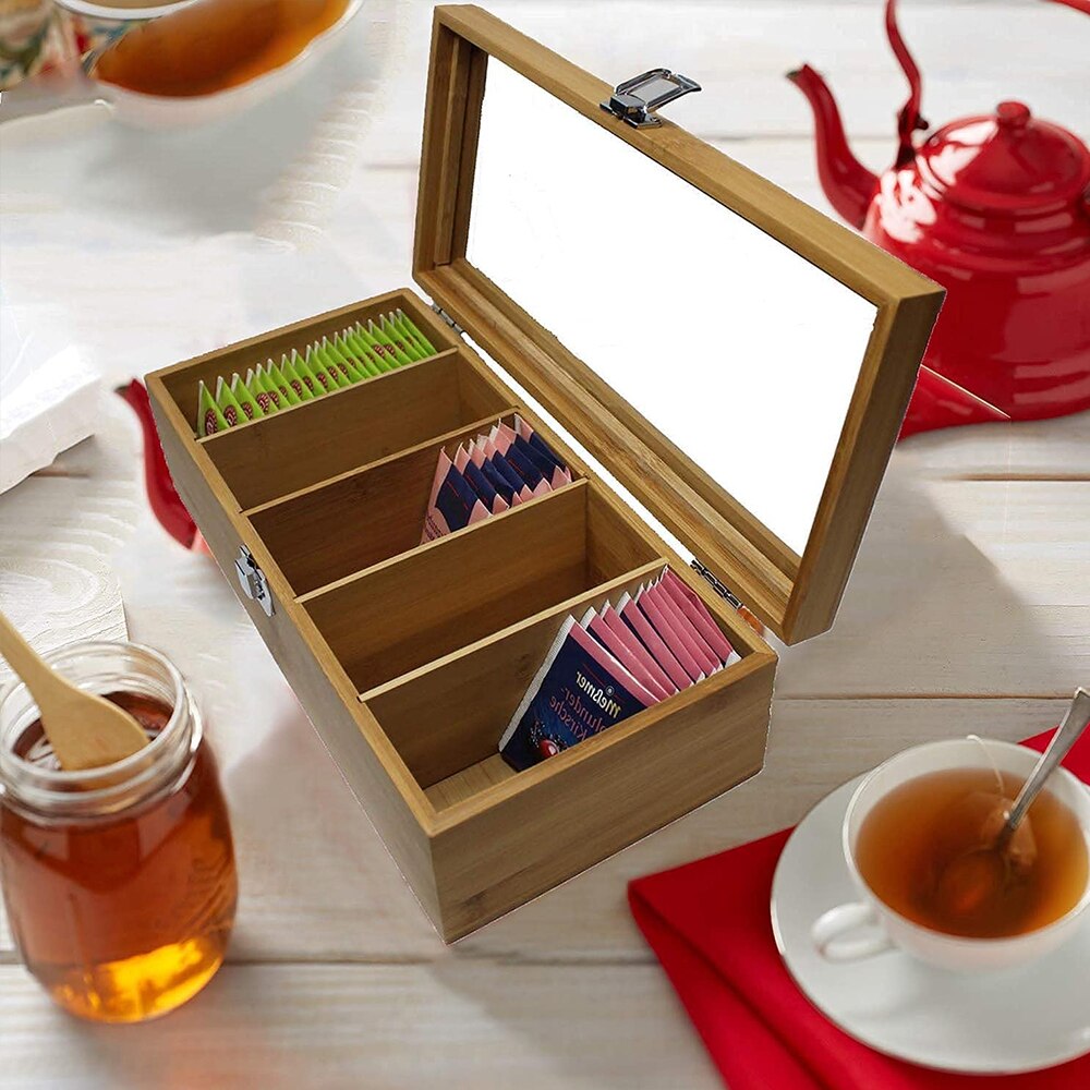 Bamboo Tea Box 5 Compartment Bamboo Tea Bags Coffee Storage Box Coffee Display Case Desktop Jewelry Cabinets Organizer Case