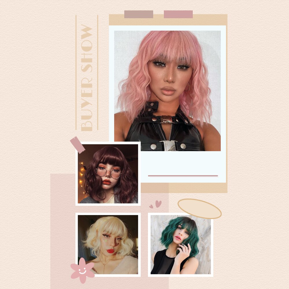 Azqueen Synthetische Korte Water Wave Pruiken Bob Pruik Haar Met Pony Haar Pruiken Voor Vrouwen Cosplay Roze Pruiken Lolita Bob pruik