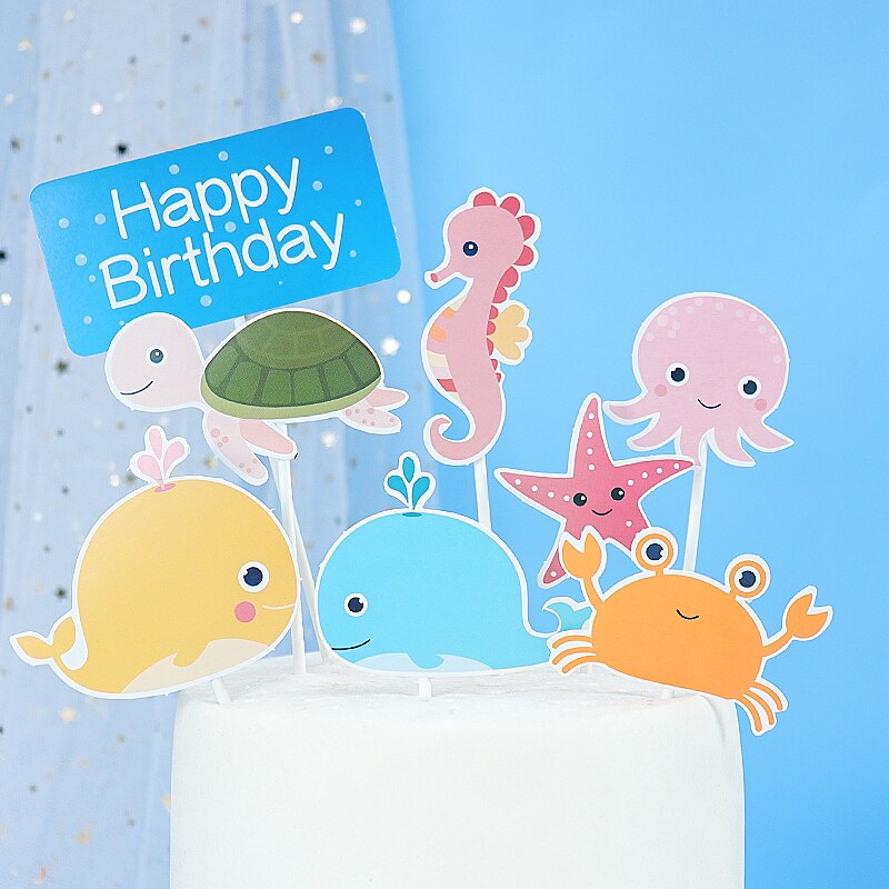 Lovely Sea Ocean Theme Happy Birthday Cake Topper Party Supplies Submarine World Summer Fish Series Cake Decoration: as picture 2