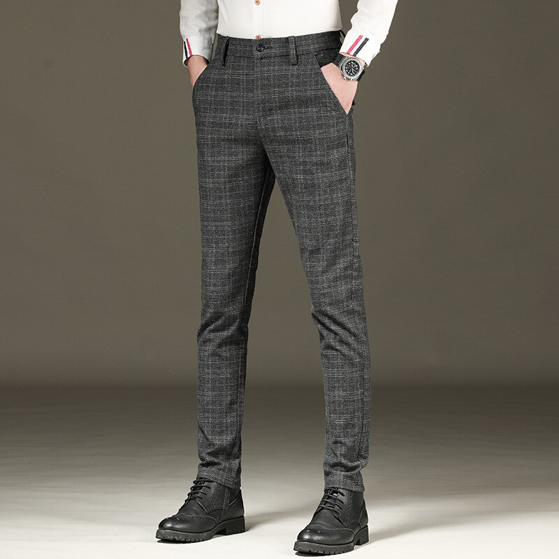 100% Plaid Pant Formal Wedding Mens Slim Fit Suit Pants Casual Brand Straight Dress Trousers