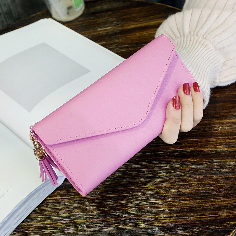 Lange Portemonnee Vrouwen Portemonnees Kwastje Mode Portemonnee Kaarthouder Portefeuilles Vrouwelijke Clutch Money Bag PU Lederen Portemonnee: CherryPink