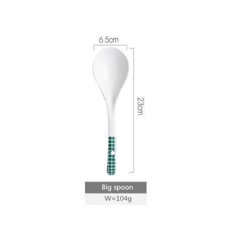 Green plaid series Plate Set Ceramic Kitchen Plate Tableware Set Food Dishes Rice Salad Noodles Bowl Soup Kitchen Cook Tool 1pc: Big Spoon