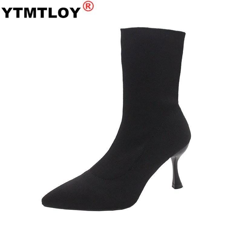 Sokken Korte Botas Vrouwen Solid Breien Chelsea Laarzen Stretch Sok Mid-Kalf Bota Hoge Hakken Zapatos Mujer