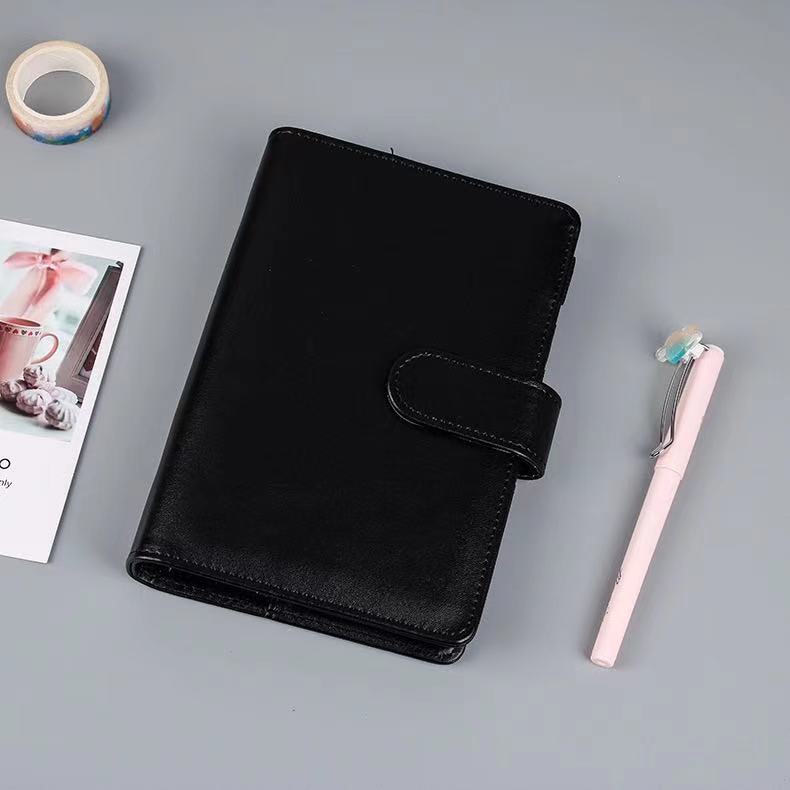 A6 Leather Notebook Binder with Plastic Binder Pockets, Refillable 6 Round Ring A6 Personal Planner Binder Cover with Stickers: balck