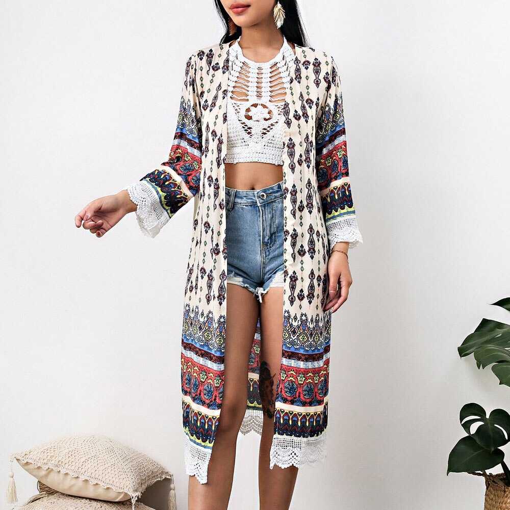 Kimono largo con estampado entérico, cárdigan suelto con empalme de encaje, abrigo de verano, informal, ropa de playa, vacaciones, blusa de playa, ,