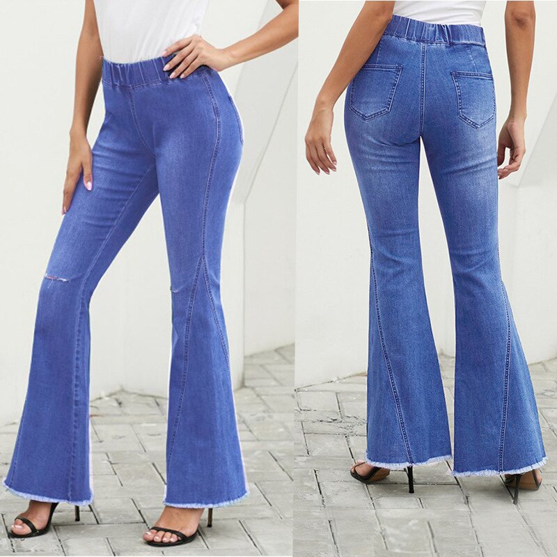 Women Hollow Hole Denim Flare Jeans Boyfriend Jeans Ladies High Waist bell bottom jeans Pants Autumn Loose Wide Leg Jean