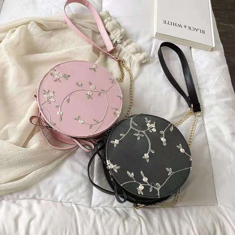 Bolsos redondos de encaje para mujer, bandoleras femeninas de cuero PU de , con cadena de flores frescas pequeñas,