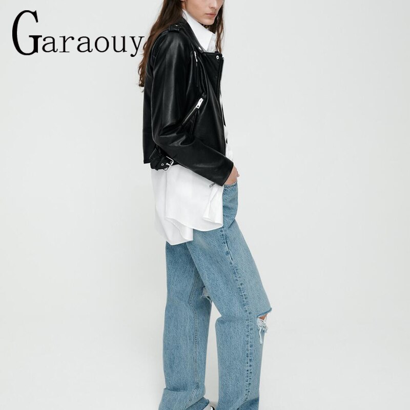 Garaouy-Chaqueta corta de cuero sintético para Mujer, chaqueta holgada de estilo Retro, con cremallera, color negro, para otoño e invierno, novedad de 2022