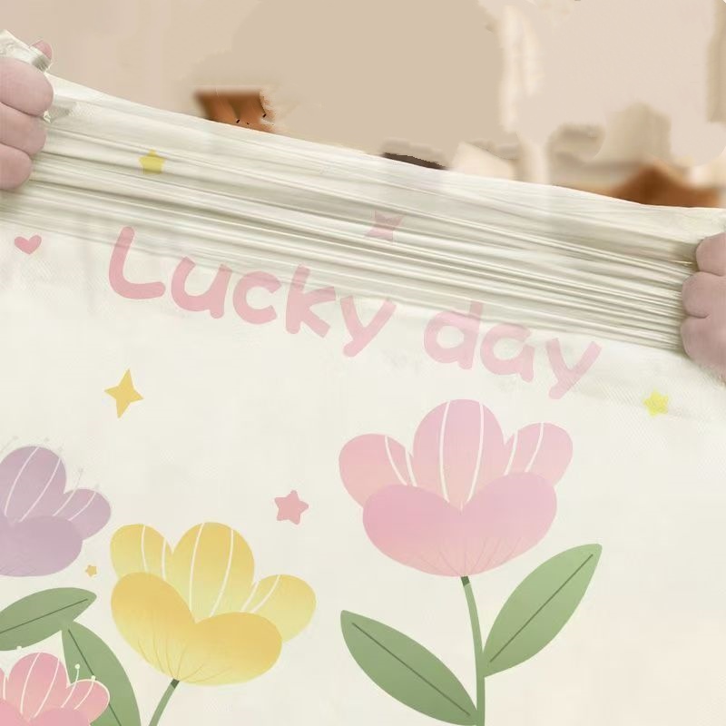 50 stuks grote, dikke vuilniszakken met trekkoord en lavendelgeur - gemaakt van hoogwaardig polyethyleen, multifunctionele wegwerpzakken, geschikt voor keuken, badkamer, slaapkamer, woonkamer en toilet - met roze en gele bloemenprint en de tekst "happy day".