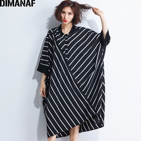 Dimanaf kvinder sommerkjole plus size femme dame vestido løs stort stort tøjprint stribet sort afslappet kjole med flagermusærmer: 5xl