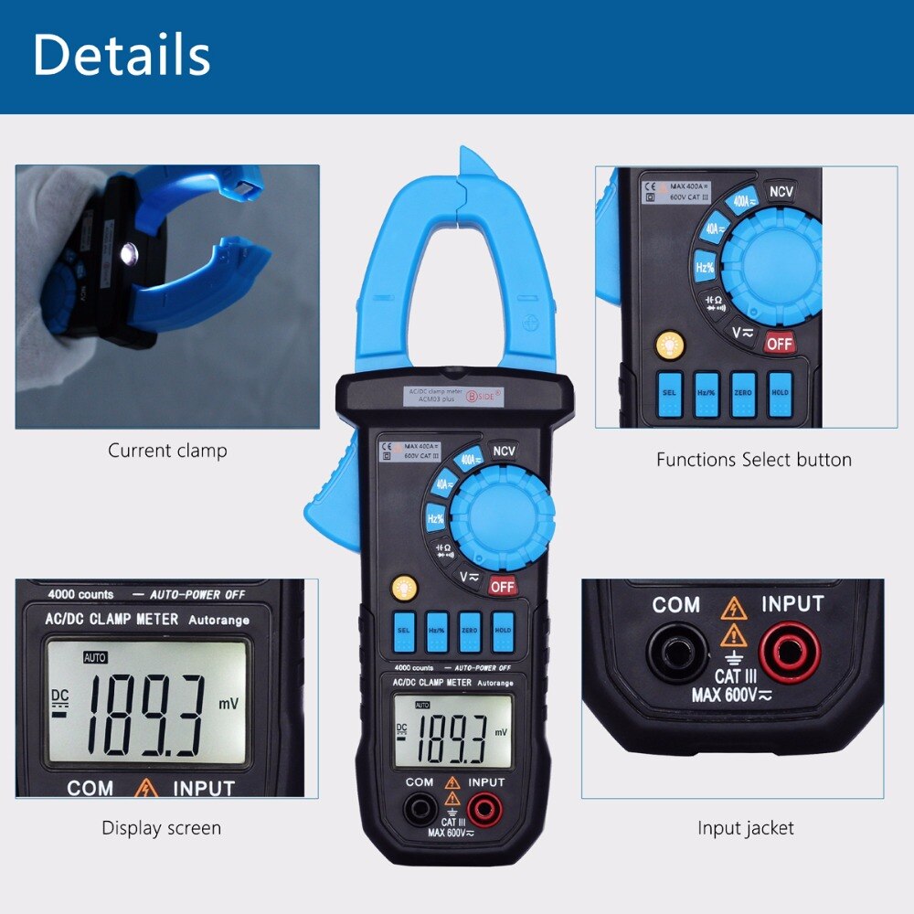 BSIDE AC Multimeter ACM03 Plus 4000 Telt Digitale Clip Meter DC/AC Spanning Diagnostic Multimeter Weerstand Meter