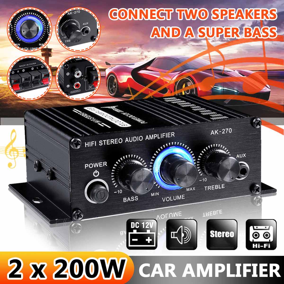 AK380//370/270/170 800W 12V Hifi Versterker Stereo Thuis Auto Bass Audio Amp Auto Speaker klasse D Auto Thuis Geluid Power Amp