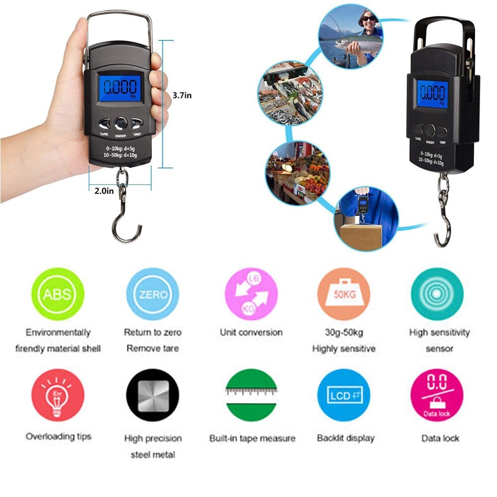 Báscula electrónica con gancho colgante, balanza Digital LCD para equipaje de pez, para viaje