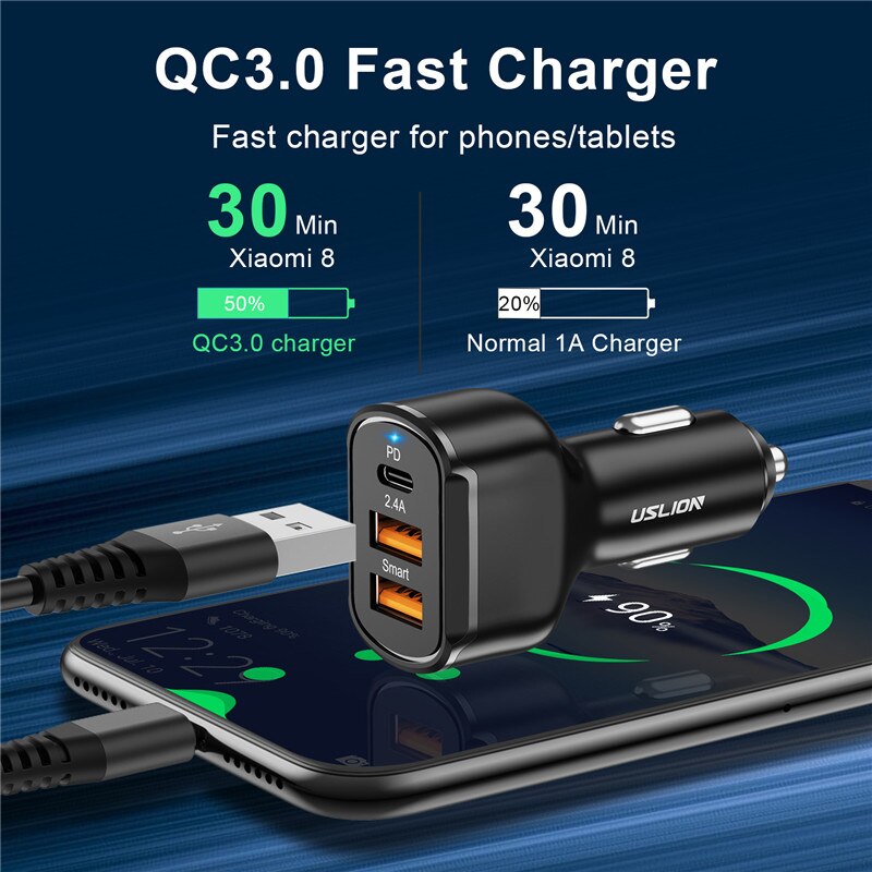 Uslion Pd 20W 3 Usb Autolader Quick Lading QC4.0 Universele Mobiele Telefoon Pd Type C Snel Opladen Voor iphone 11 Xiaomi Samsung