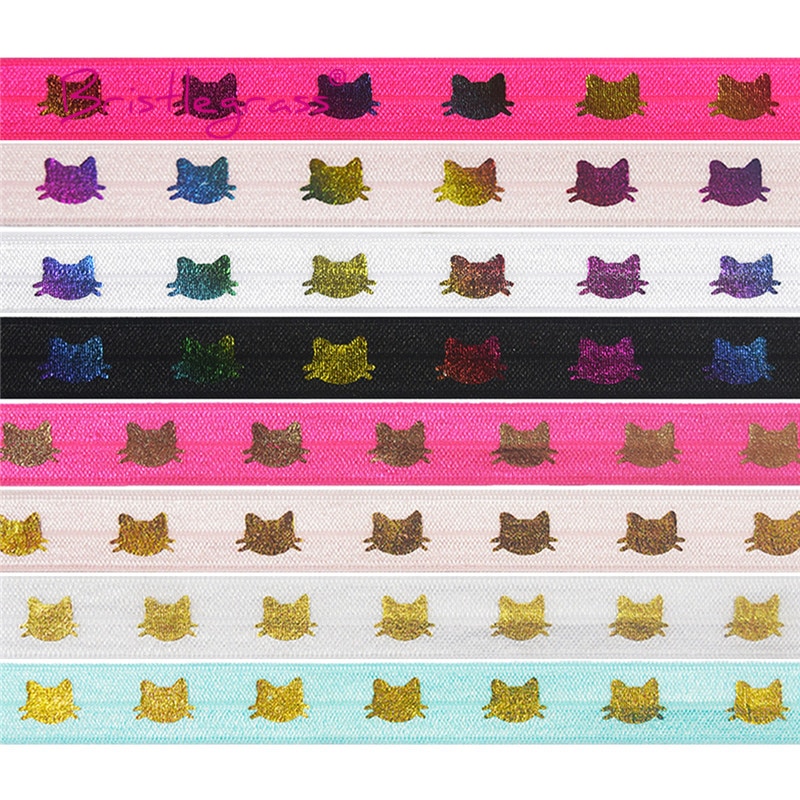 Bristlegrass 5 yard 5/8 " 15mm regenboog gouden kat folie print vouw elastiek voor spandex satijnen band haarelastiek hoofdband jurk naaien