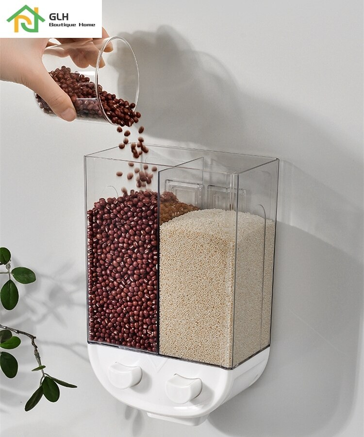2L Kitchen Whole Grains Cereal Dispenser Divided Sealed Storage Tank 2 Grids Wall-Mounted Food Storage Containers