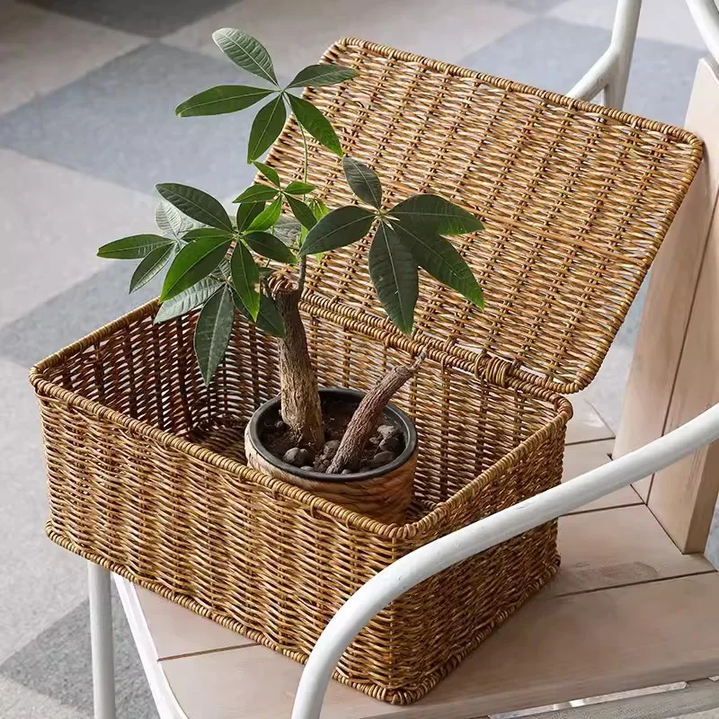Large Storage Basket Rattan Woven Storage Box with Lid Stackable Sundries Basket Storage Organizer Toy Container Orgainzation