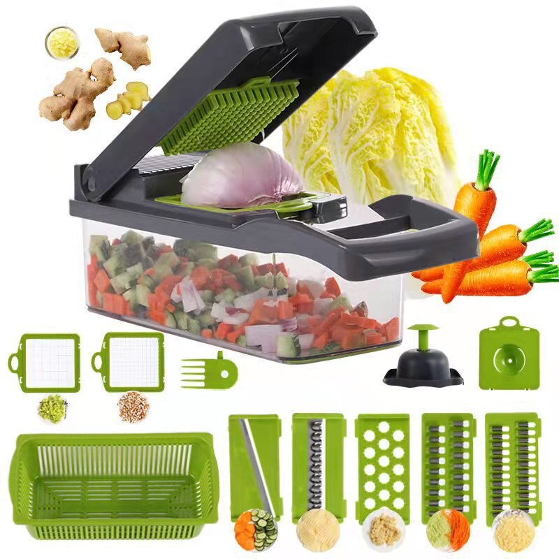 Vegetable Cutter Multi-Functional Household Cut Potato Chips Carrot Shredded Grater With Drain Basket Detachable Kitchen Tools: Diced lime (long)