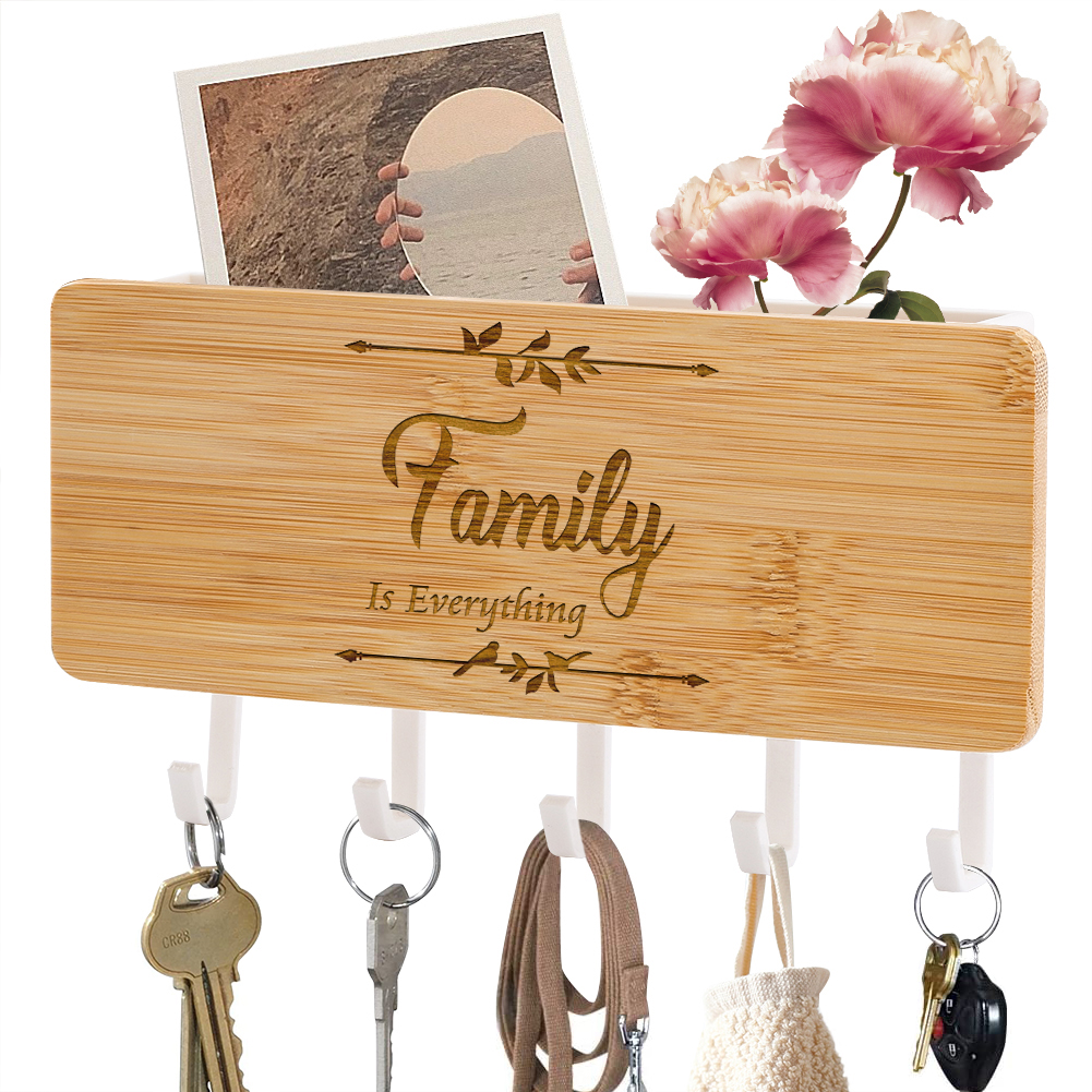 Colgador de llaves de tablero de bambú con letras grabadas, 5 ganchos para pared, puerta trasera, decoración del hogar, exquisitos estantes para llaveros: 194 WT