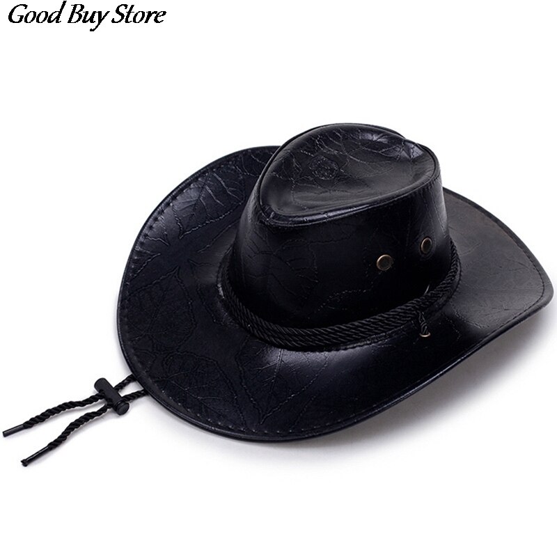 Leather Western Cowboy Hat Gentleman Wide Brim Retro Sun Hats Summer Beach Breathable Travel Chapeu Sombrero Jazz knight Caps: BK
