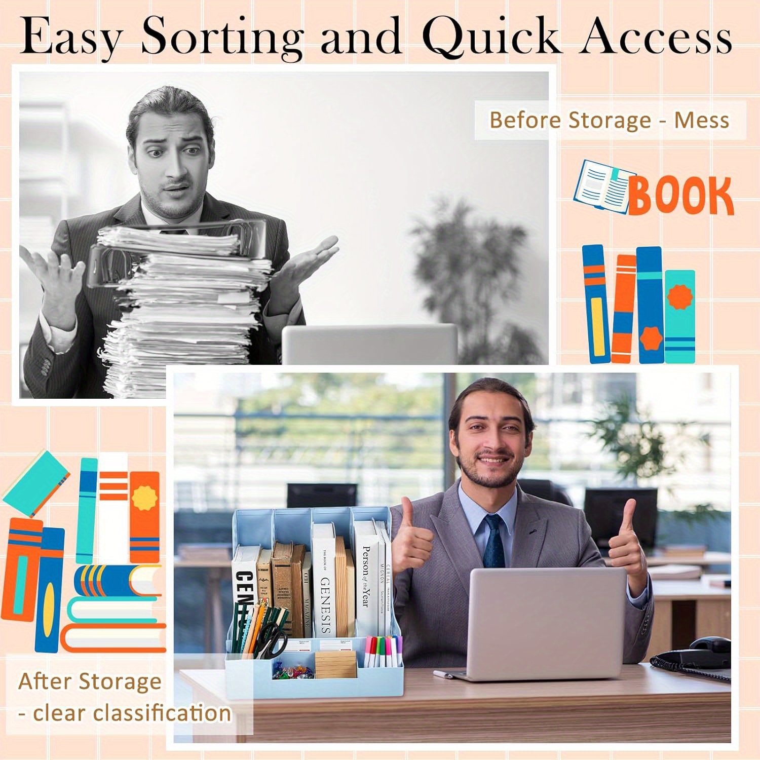 4 Packs Plastic Desk Organizer File Folder, Desktop Magazine Holder, Office File Sorter Rack, Vertical File Dividers