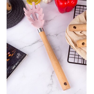 Pink Silicone Kitchen Utensils Set Heat Resistant Nonstick Baking Cooking Tools wooden handle Kitchenware Accessories: D