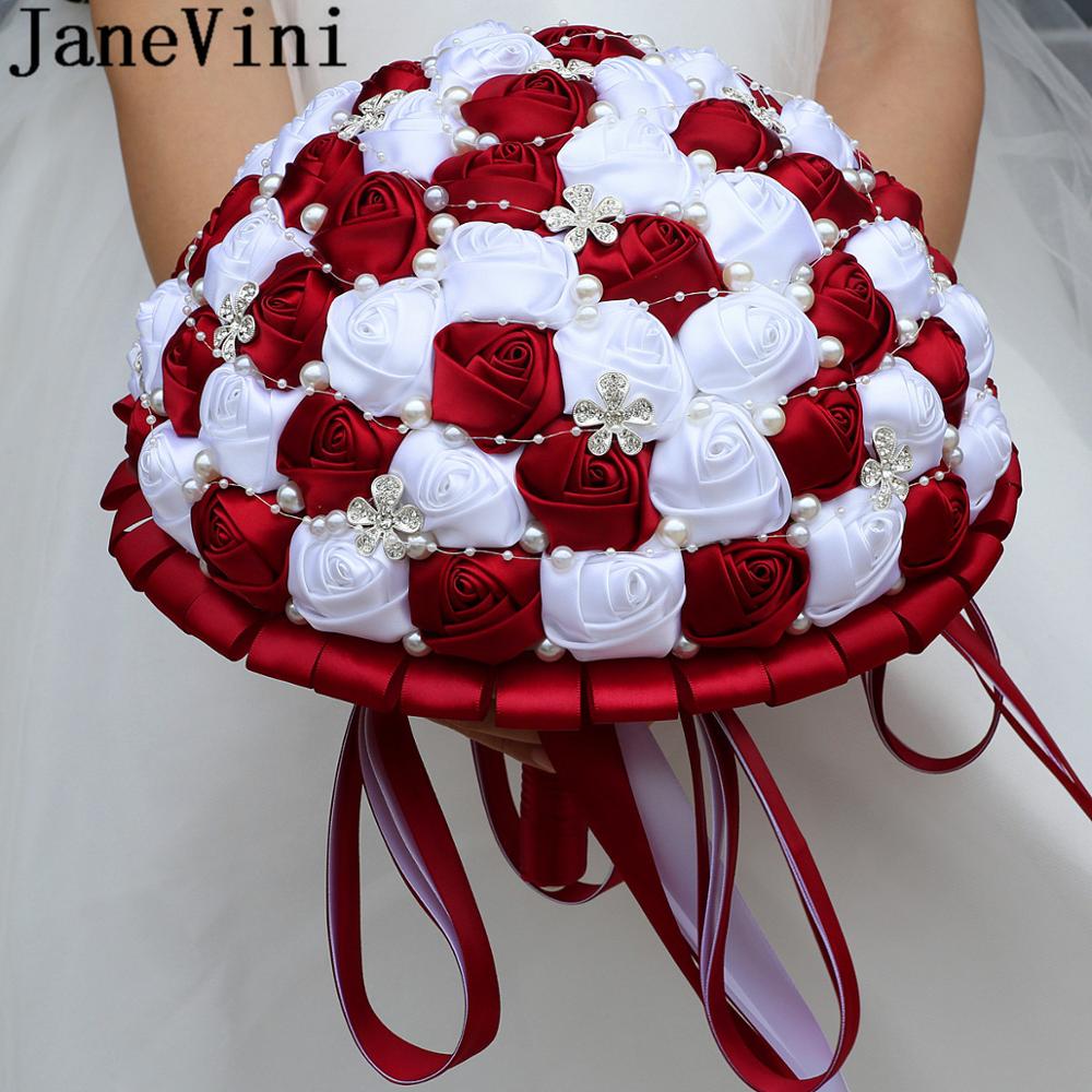 JaneVini-Ramos de boda grandes de 30CM, flores rojas oscuras, nupciales, lujosos, perlas de cristal, cuentas de diamantes de imitación, rosa de novia