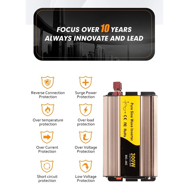 Vingtank 300W Solar Power Inverter DC12V To AC 220V Converter Pure Sine Wave Inverter Built-In Cooling Fan