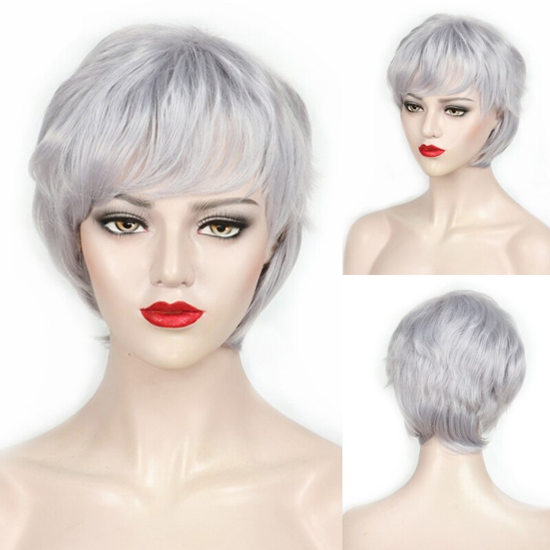 MSIWIGS Straight Short Wig for Elder Women Silver White Grey Synthetic Wigs with Bangs Natural Ombre Hair Africa American Wig: White