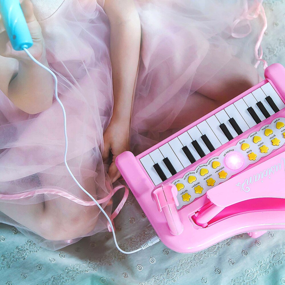 Quercitron låve elektronisk mini piano leketøy med mikrofon og telefonstativ til baby jenter 24 nøkler tastatur rosa musikk læringe