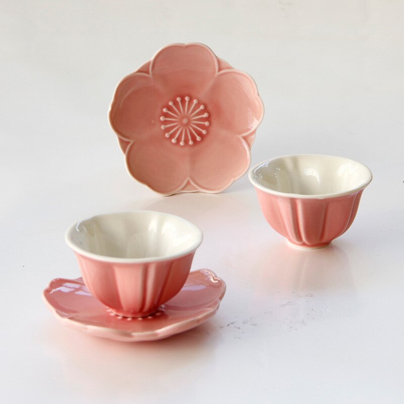 pink special-shaped ceramic flower tea cup and dish set for women's ceramic afternoon tea cup with dish