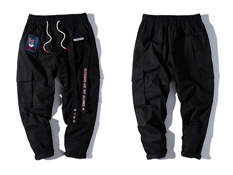 2021 nowa, w stylu Streetwear Hip Hop Cargo spodnie mężczyźni i kobiety wstążka wyszywane litery japońskie spodnie do biegania Casual Harem Pants Pink: L / Black