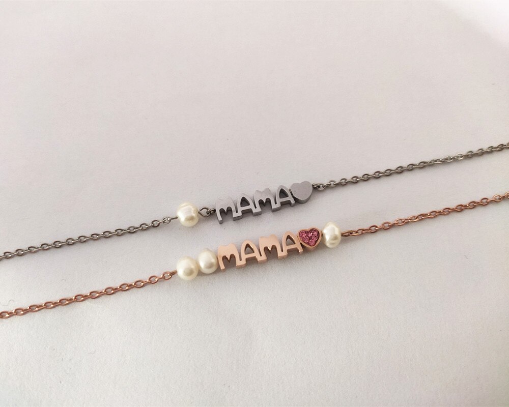 Bracelet en acier inoxydable pour femme, couleur or Rose, avec lettres Mama, cœur, perle blanche, Bea, à la , pour maman