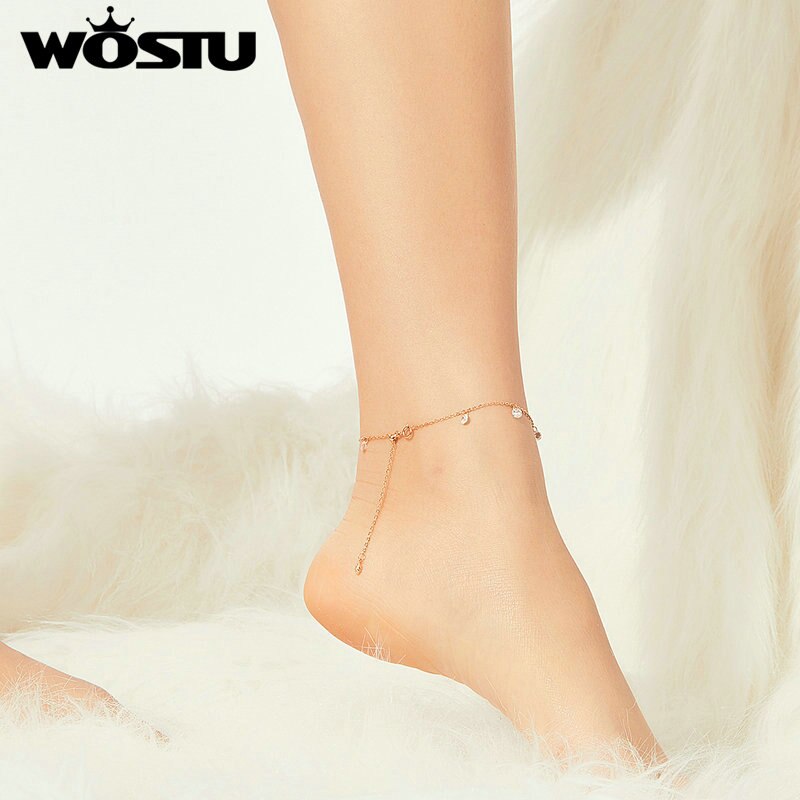 WOSTU Thin 925 sterling Shiny Chains Anklet For Women Girls Friend Foot Jewelry Leg Bracelet Tobillera de Prata