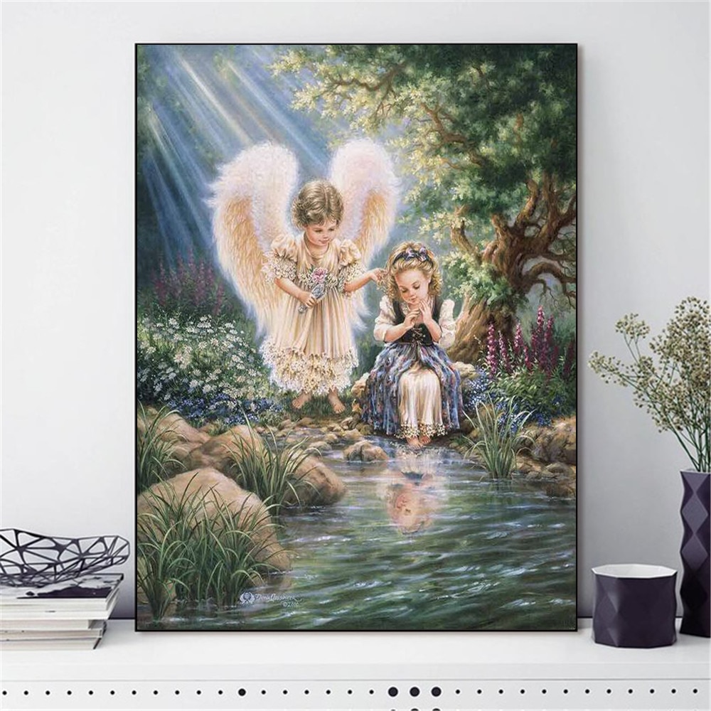 HUACAN – Portrait d'ange fille en fil de coton, broderie, point de croix, peinture, Kits DMC 14ct, décoration de la maison