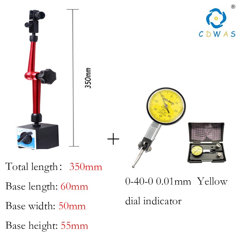 350mm Universal Small Dial Indicator Magnetic Stand Base Holder 0-0.8mm 0.01 Dial Test Comparator For Equipment Calibration: 350mm-60-50-55 set