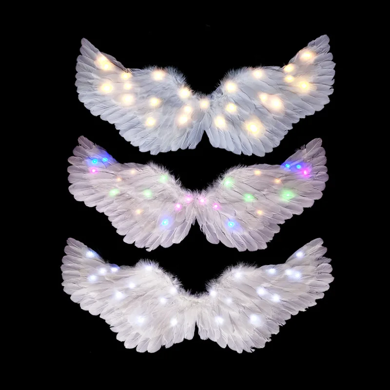 LED Light Up Glow White Colors Feather Angel Wings Costume for Kids Adults Halloween Christmas Year Eve Glow Party Supplies