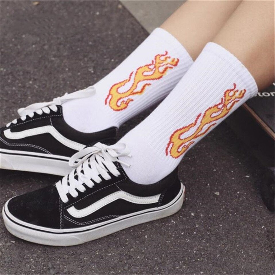 Men Sock Hip Hop Color On Fire Crew Socks Red Flame Blaze Power Torch Warmth Streetwear Skateboard Cotton Socks