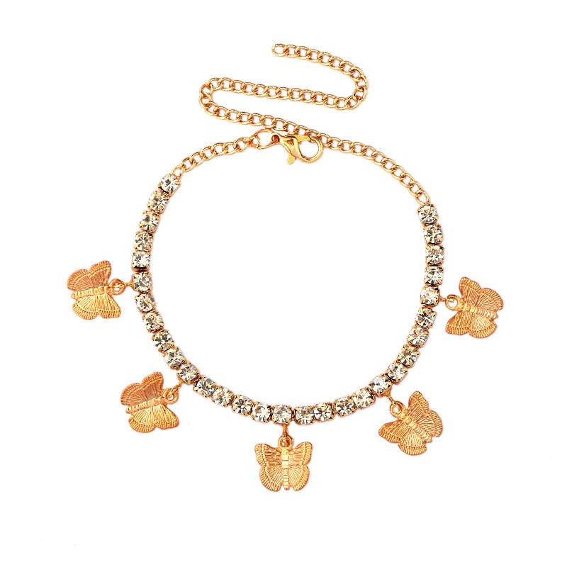 Gold Silver Color Rhinestone Tennis Anklet Jewelry for Women Crystal Butterfly Pendant Anklet Beach Foot Chain: 001501GD