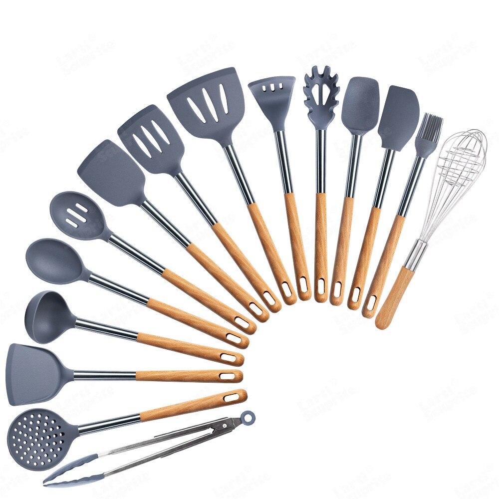 Kit d'ustensiles de cuisine en Silicone, ensemble d'outils de cuisine, accessoires allongés manche en bois massif, spatule cuillère Kit avec ustensiles de rangement: G15-A