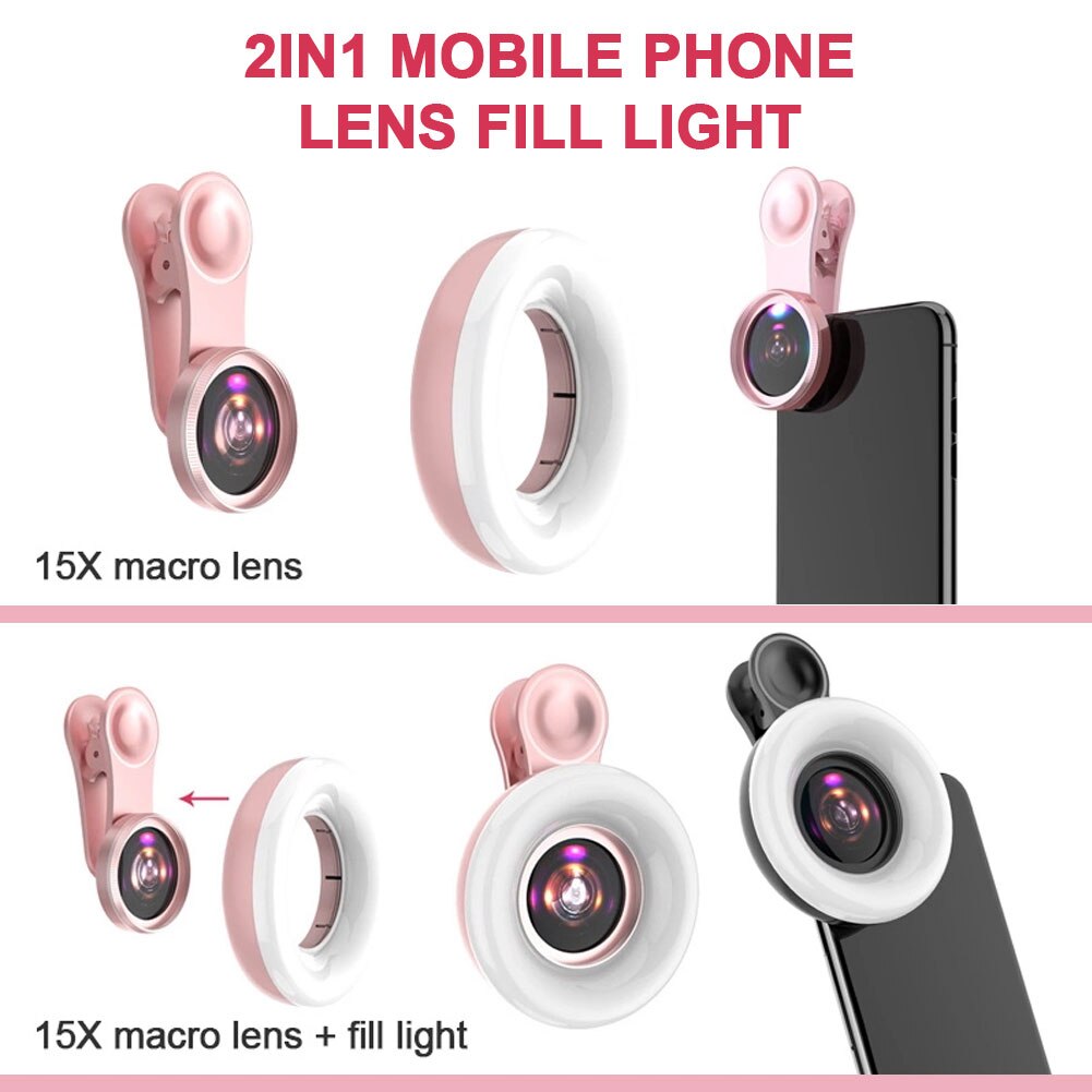 3 IN 1 15X Macro Lens Mobile Phone Fill Light Rechargable Portable Selfie LED Ring Flash Light Phone Selfie Lamp Ring Clip Light