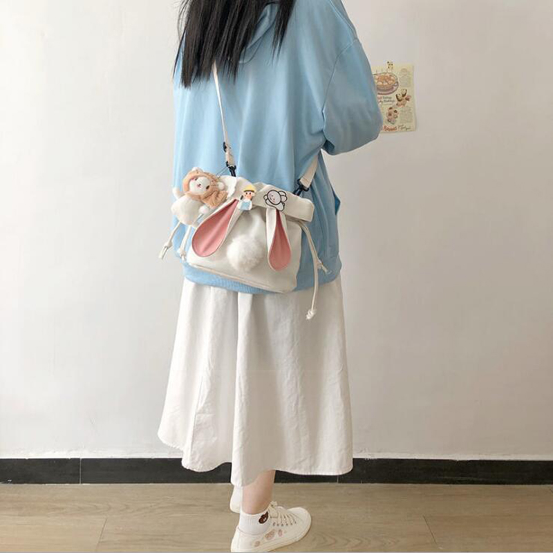 SchöNe Kaninchen Ohren Leinwand Tasche Lolita Mädchen Studenten Kordelzug Tasche Bote Taschen