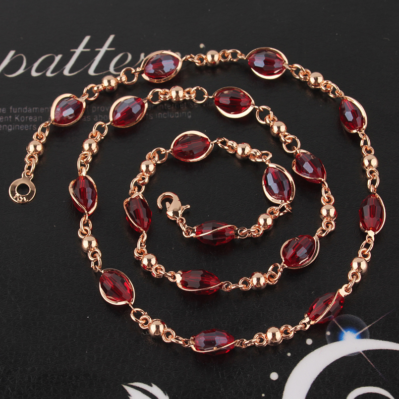 Women's Gold-color Red Austrian Crystal Necklace Bracelet Earrings Bridal Jewelry Sets