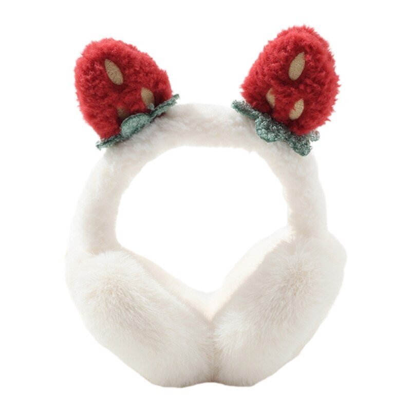 Women Student Winter Fluffy Plush Earmuffs Cute Cartoon 3D Strawberry Ears Earflap Foldable Portable Ear Warmers Covers: White