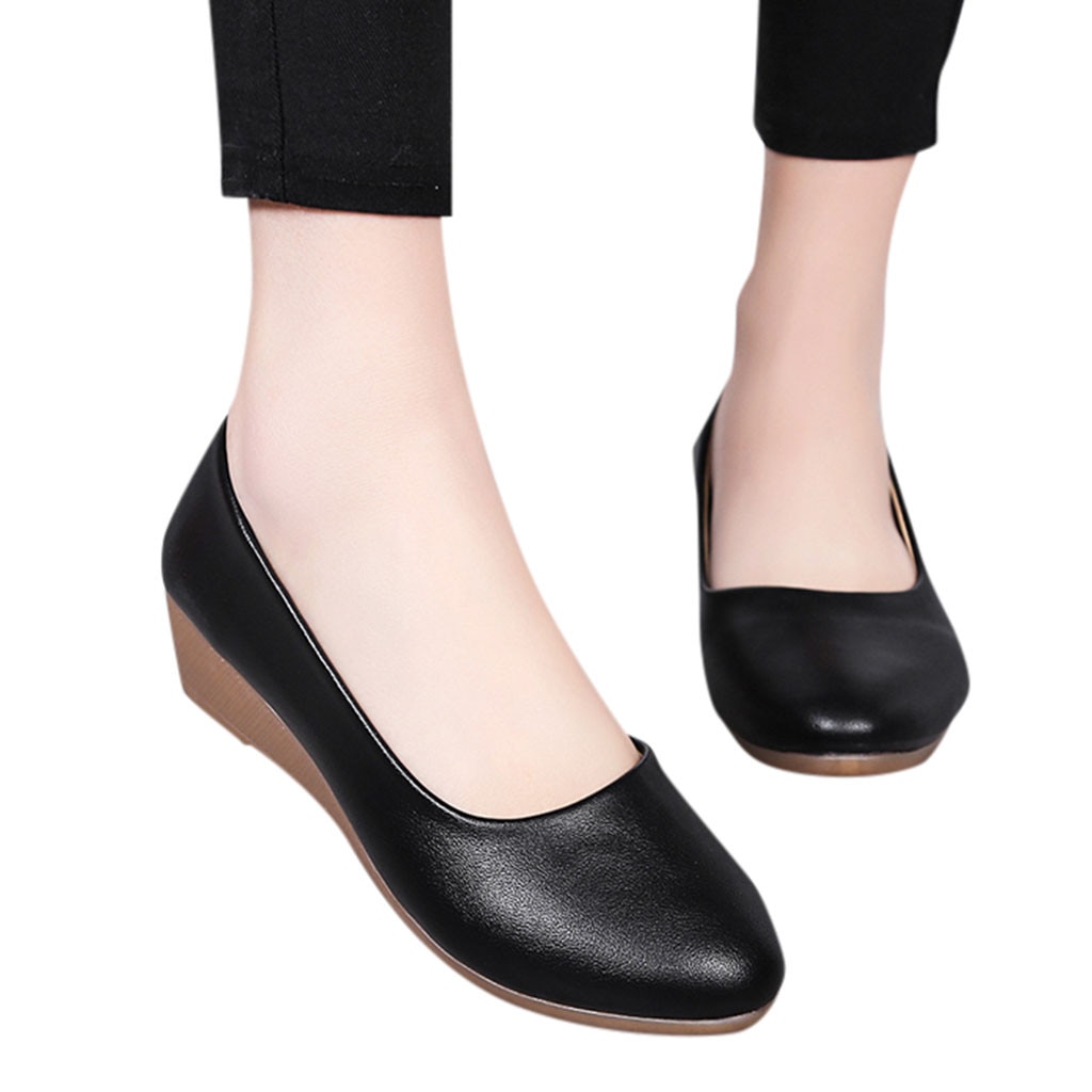 38# Women Office Shoe Flat Office Ladies Shoes Women Wedge Casual Shoes Round Head Solid Wild Work Shoes