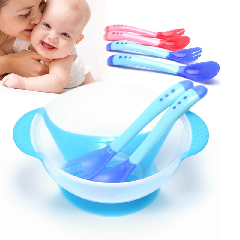 Alimentação sólida bebê pratos de alimentação utensílios de mesa crianças tigela comida temperatura sensing colher + prato capa pratos louça conjunto